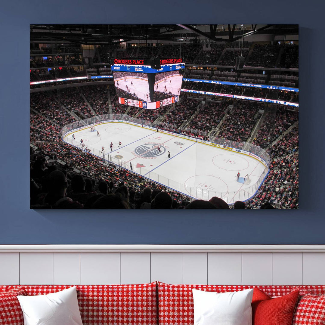 Capture the high-energy moment of a hockey game at Rogers Place with the Edmonton Oilers Ice Hockey Stadium Wall Art Canvas Print. This museum-quality canvas perfectly showcases the excitement with high-resolution printing, featuring a vibrant depiction of a full arena.