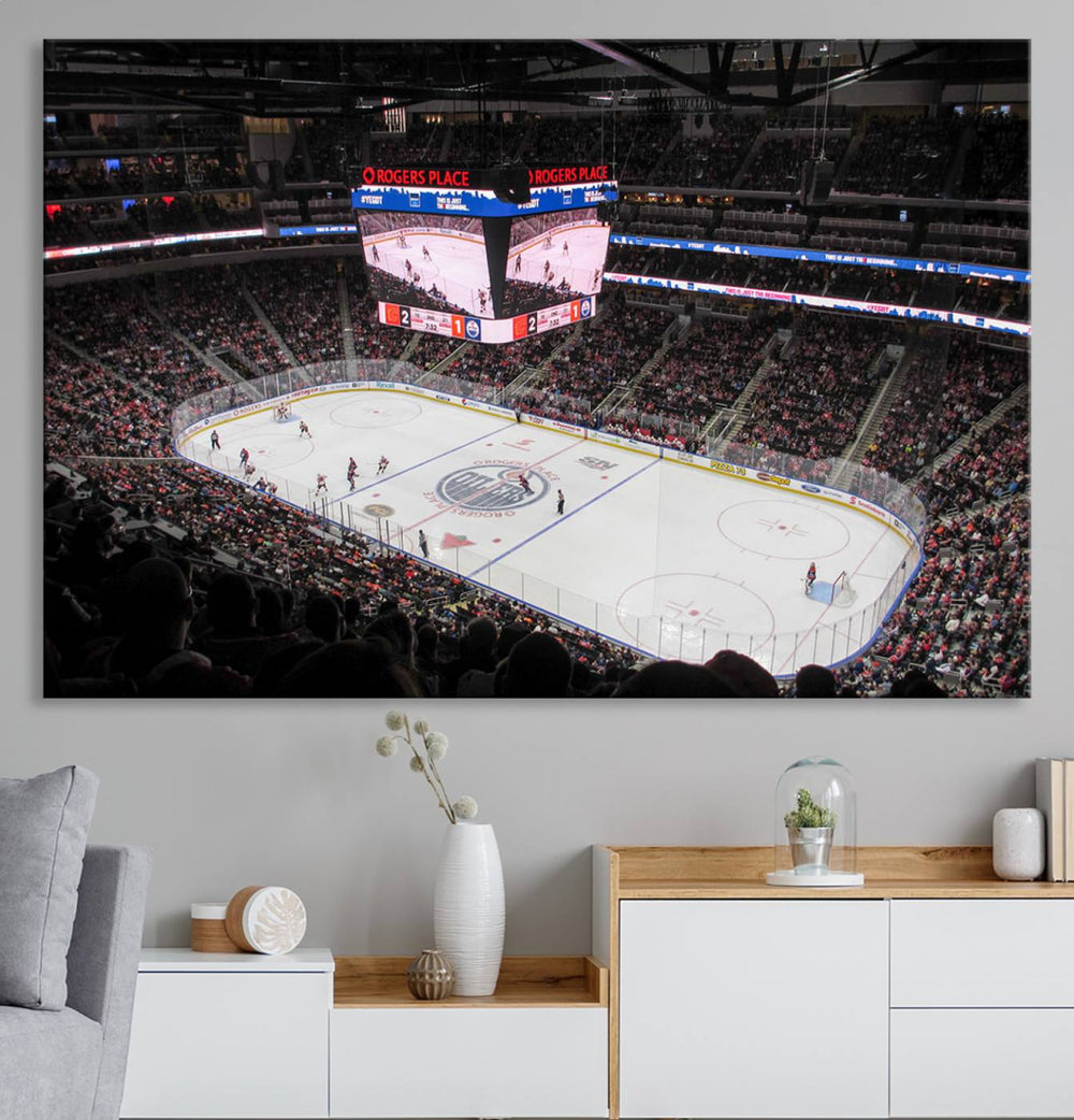 Capture the high-energy moment of a hockey game at Rogers Place with the Edmonton Oilers Ice Hockey Stadium Wall Art Canvas Print. This museum-quality canvas perfectly showcases the excitement with high-resolution printing, featuring a vibrant depiction of a full arena.