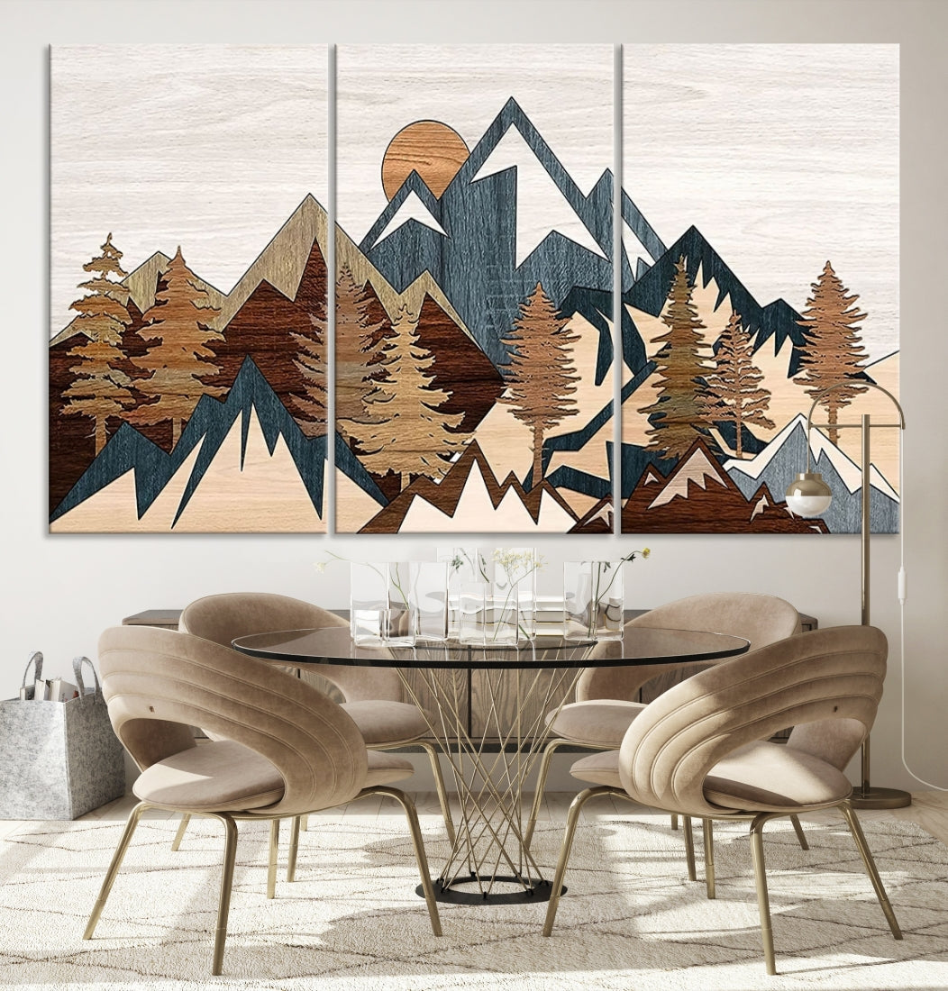 The space is adorned with the Rustic Abstract Wood Panel Effect Canvas Mountain Range Top Wall Art Canvas Print, featuring a triptych design that displays mountains and trees in natural tones on gallery-wrapped, museum-quality canvas.