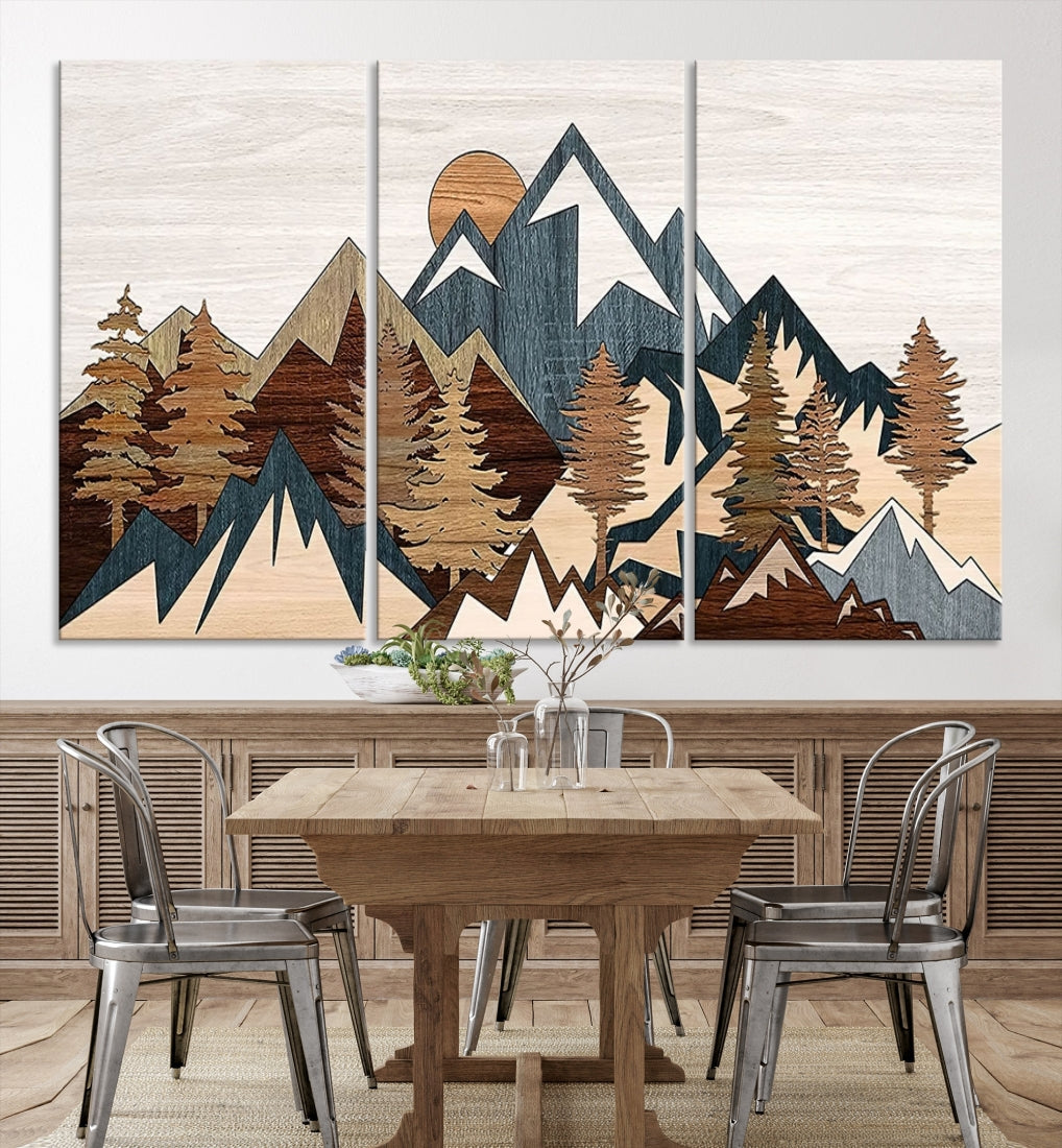 The space is adorned with the Rustic Abstract Wood Panel Effect Canvas Mountain Range Top Wall Art Canvas Print, featuring a triptych design that displays mountains and trees in natural tones on gallery-wrapped, museum-quality canvas.