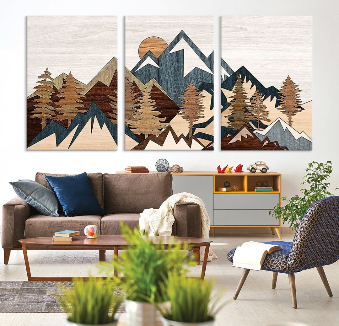 The space is adorned with the Rustic Abstract Wood Panel Effect Canvas Mountain Range Top Wall Art Canvas Print, featuring a triptych design that displays mountains and trees in natural tones on gallery-wrapped, museum-quality canvas.