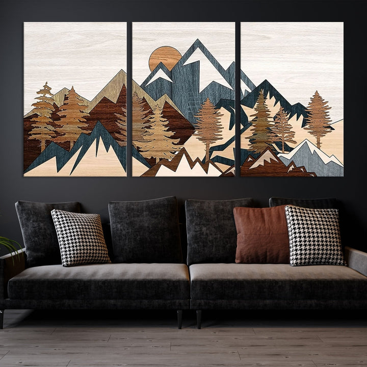 The space is adorned with the Rustic Abstract Wood Panel Effect Canvas Mountain Range Top Wall Art Canvas Print, featuring a triptych design that displays mountains and trees in natural tones on gallery-wrapped, museum-quality canvas.