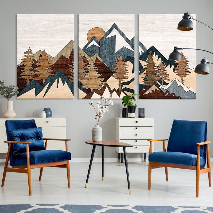 The space is adorned with the Rustic Abstract Wood Panel Effect Canvas Mountain Range Top Wall Art Canvas Print, featuring a triptych design that displays mountains and trees in natural tones on gallery-wrapped, museum-quality canvas.