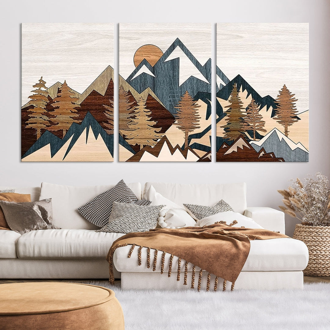 The space is adorned with the Rustic Abstract Wood Panel Effect Canvas Mountain Range Top Wall Art Canvas Print, featuring a triptych design that displays mountains and trees in natural tones on gallery-wrapped, museum-quality canvas.