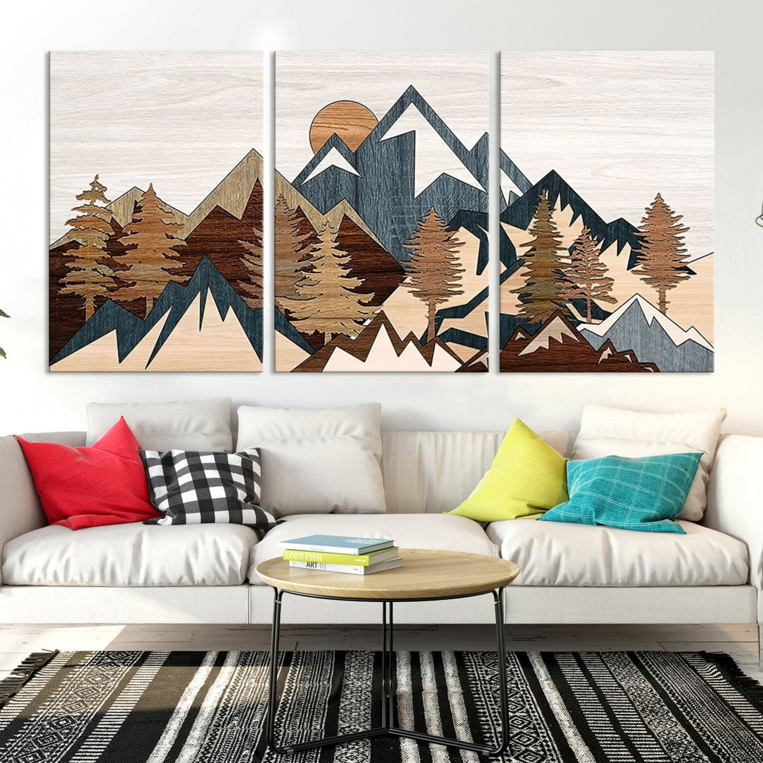 The space is adorned with the Rustic Abstract Wood Panel Effect Canvas Mountain Range Top Wall Art Canvas Print, featuring a triptych design that displays mountains and trees in natural tones on gallery-wrapped, museum-quality canvas.