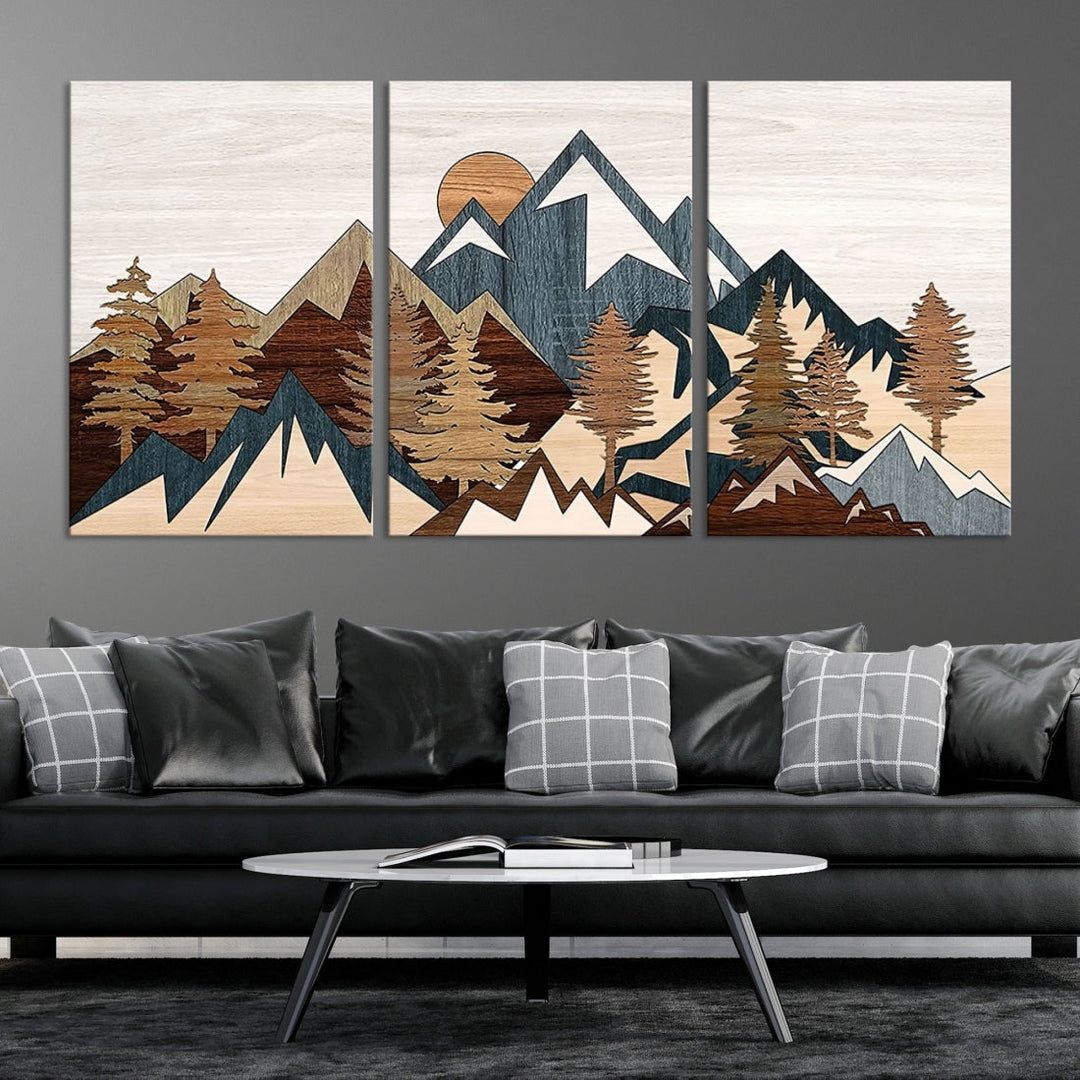 The space is adorned with the Rustic Abstract Wood Panel Effect Canvas Mountain Range Top Wall Art Canvas Print, featuring a triptych design that displays mountains and trees in natural tones on gallery-wrapped, museum-quality canvas.