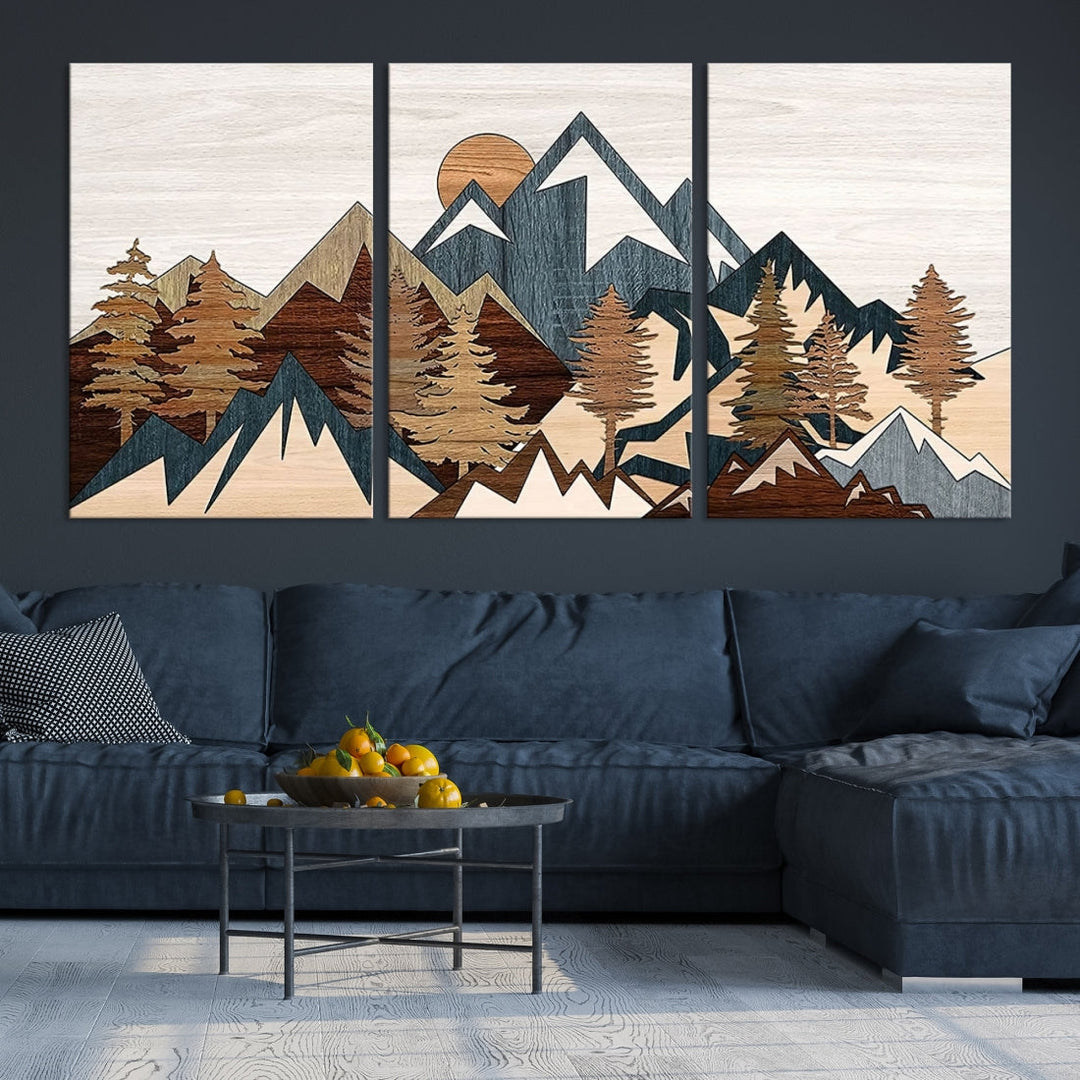 The space is adorned with the Rustic Abstract Wood Panel Effect Canvas Mountain Range Top Wall Art Canvas Print, featuring a triptych design that displays mountains and trees in natural tones on gallery-wrapped, museum-quality canvas.