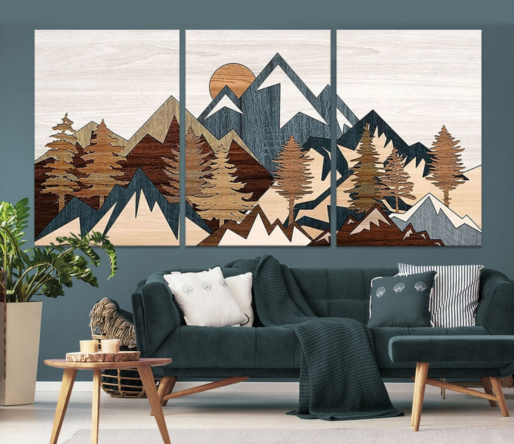 The space is adorned with the Rustic Abstract Wood Panel Effect Canvas Mountain Range Top Wall Art Canvas Print, featuring a triptych design that displays mountains and trees in natural tones on gallery-wrapped, museum-quality canvas.