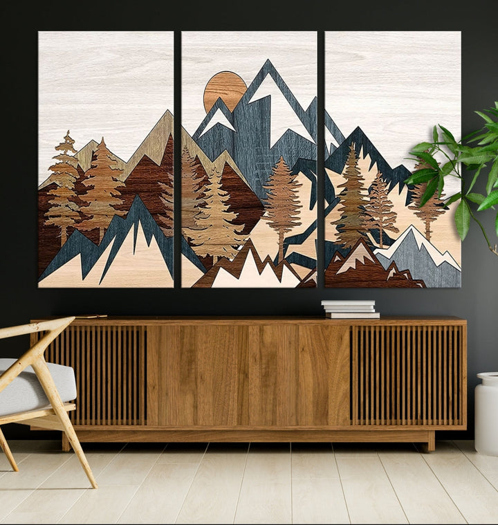 The space is adorned with the Rustic Abstract Wood Panel Effect Canvas Mountain Range Top Wall Art Canvas Print, featuring a triptych design that displays mountains and trees in natural tones on gallery-wrapped, museum-quality canvas.