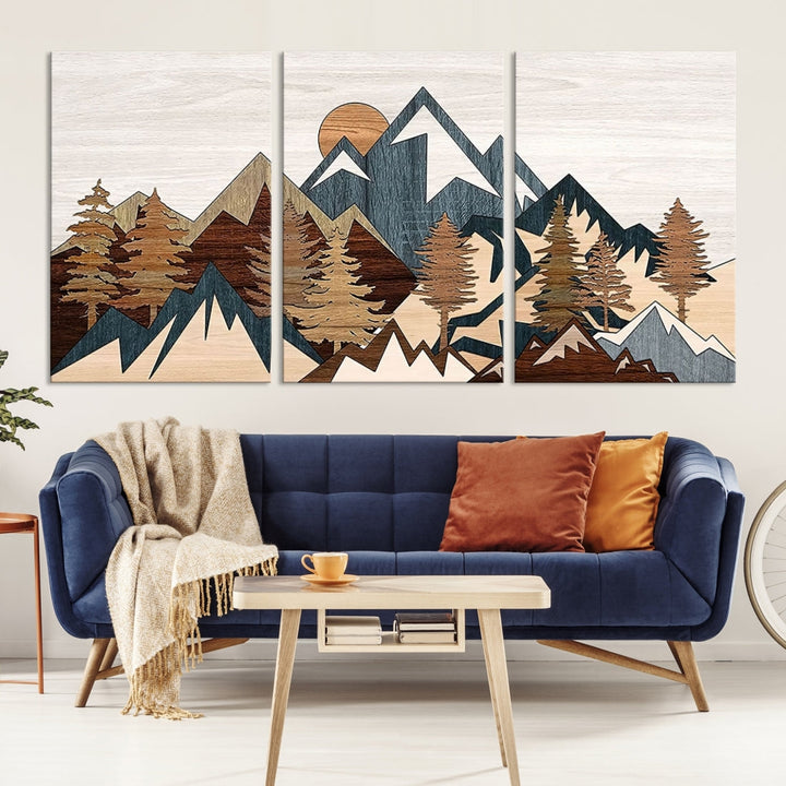 The space is adorned with the Rustic Abstract Wood Panel Effect Canvas Mountain Range Top Wall Art Canvas Print, featuring a triptych design that displays mountains and trees in natural tones on gallery-wrapped, museum-quality canvas.