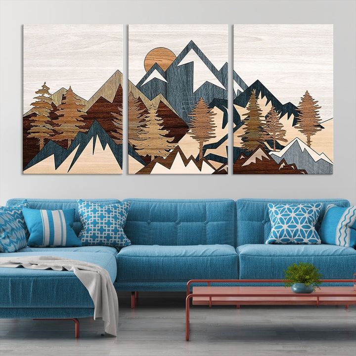 The space is adorned with the Rustic Abstract Wood Panel Effect Canvas Mountain Range Top Wall Art Canvas Print, featuring a triptych design that displays mountains and trees in natural tones on gallery-wrapped, museum-quality canvas.