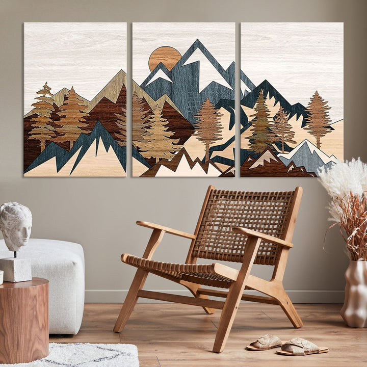 The space is adorned with the Rustic Abstract Wood Panel Effect Canvas Mountain Range Top Wall Art Canvas Print, featuring a triptych design that displays mountains and trees in natural tones on gallery-wrapped, museum-quality canvas.