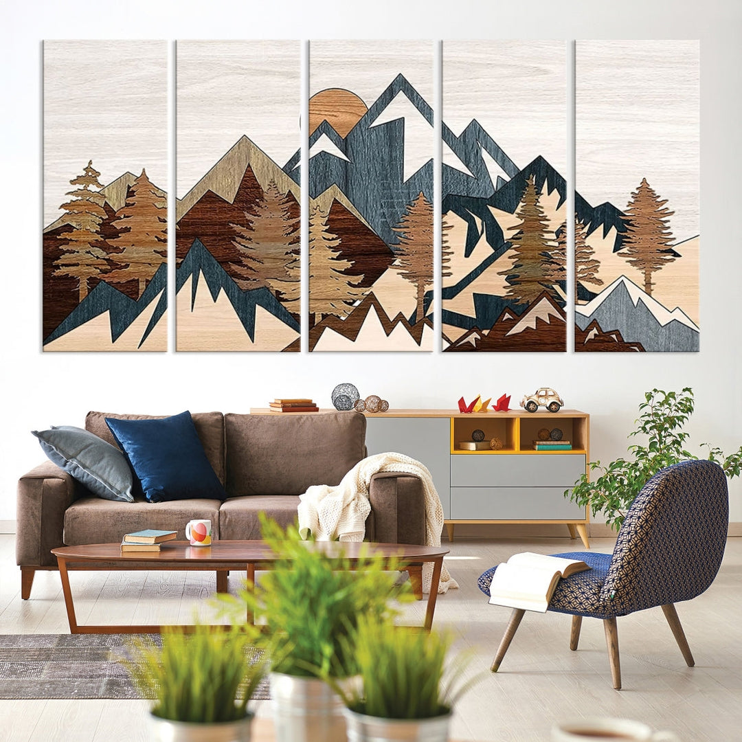 The space is adorned with the Rustic Abstract Wood Panel Effect Canvas Mountain Range Top Wall Art Canvas Print, featuring a triptych design that displays mountains and trees in natural tones on gallery-wrapped, museum-quality canvas.