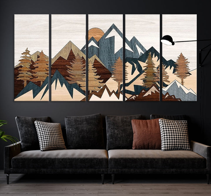 The space is adorned with the Rustic Abstract Wood Panel Effect Canvas Mountain Range Top Wall Art Canvas Print, featuring a triptych design that displays mountains and trees in natural tones on gallery-wrapped, museum-quality canvas.