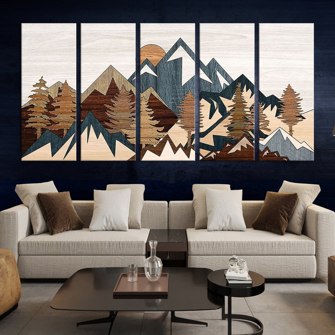 The space is adorned with the Rustic Abstract Wood Panel Effect Canvas Mountain Range Top Wall Art Canvas Print, featuring a triptych design that displays mountains and trees in natural tones on gallery-wrapped, museum-quality canvas.