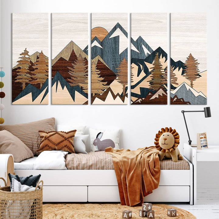 The space is adorned with the Rustic Abstract Wood Panel Effect Canvas Mountain Range Top Wall Art Canvas Print, featuring a triptych design that displays mountains and trees in natural tones on gallery-wrapped, museum-quality canvas.