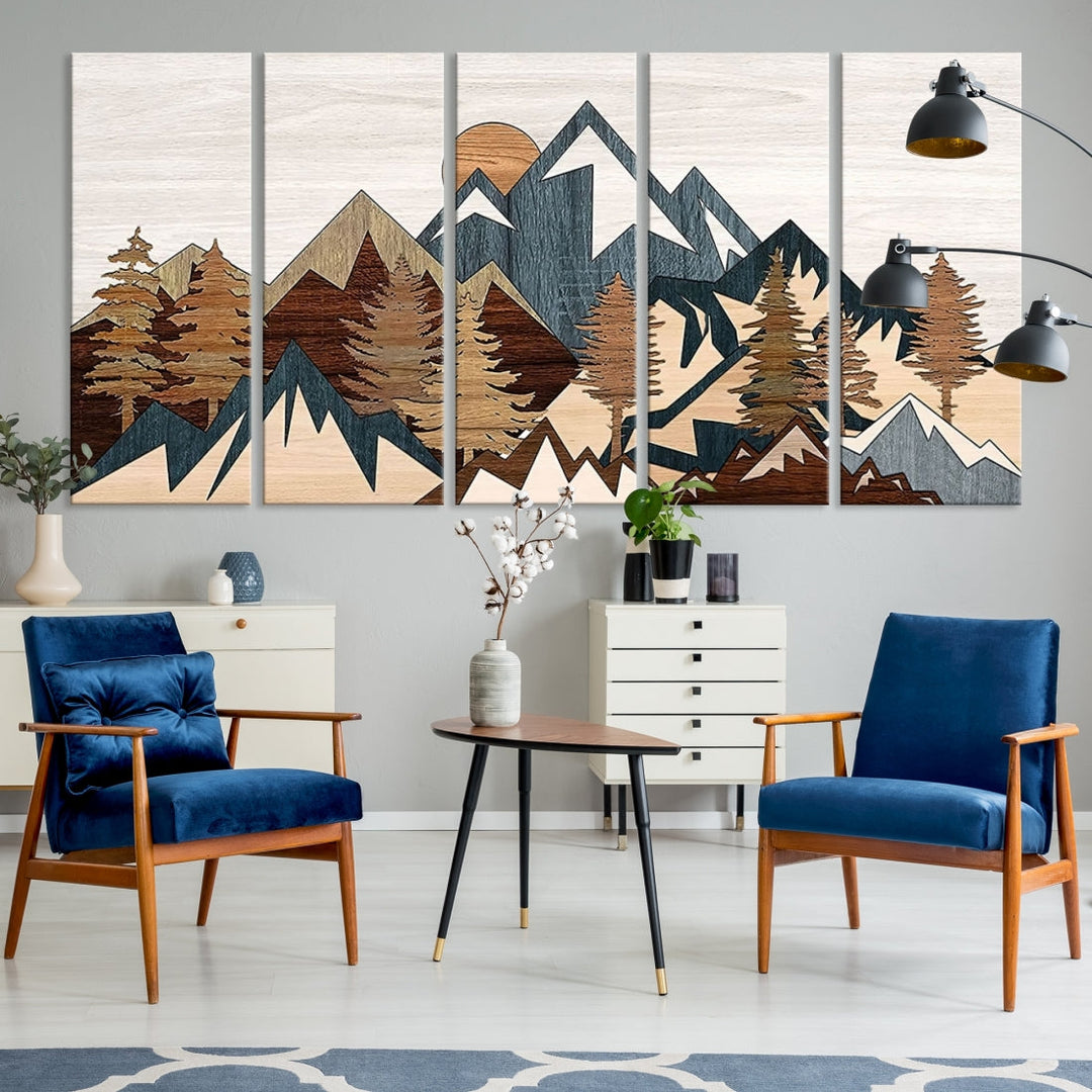 The space is adorned with the Rustic Abstract Wood Panel Effect Canvas Mountain Range Top Wall Art Canvas Print, featuring a triptych design that displays mountains and trees in natural tones on gallery-wrapped, museum-quality canvas.