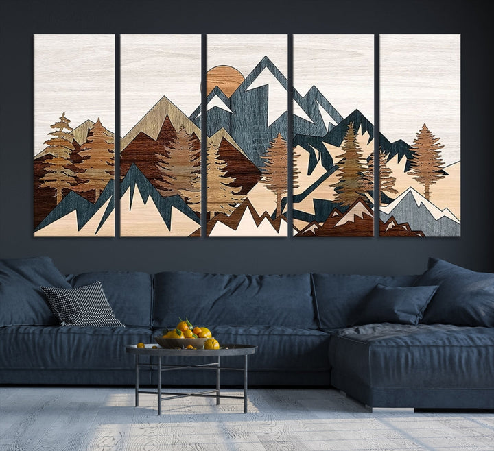 The space is adorned with the Rustic Abstract Wood Panel Effect Canvas Mountain Range Top Wall Art Canvas Print, featuring a triptych design that displays mountains and trees in natural tones on gallery-wrapped, museum-quality canvas.