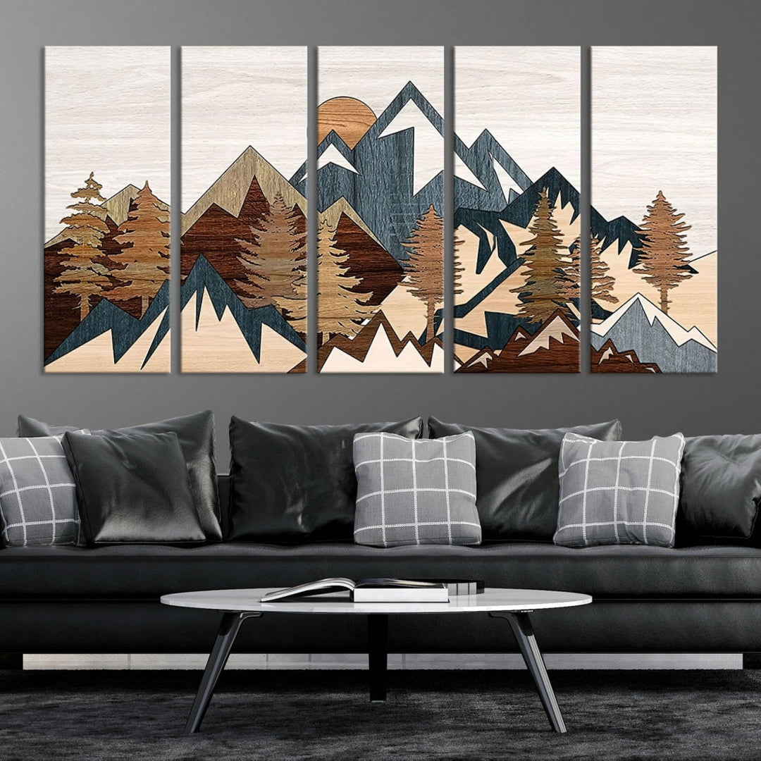 The space is adorned with the Rustic Abstract Wood Panel Effect Canvas Mountain Range Top Wall Art Canvas Print, featuring a triptych design that displays mountains and trees in natural tones on gallery-wrapped, museum-quality canvas.