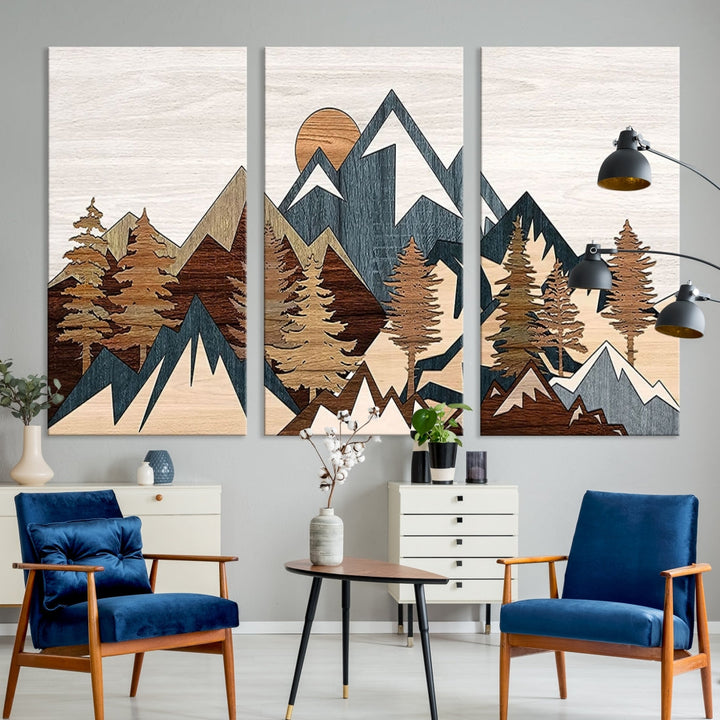 The space is adorned with the Rustic Abstract Wood Panel Effect Canvas Mountain Range Top Wall Art Canvas Print, featuring a triptych design that displays mountains and trees in natural tones on gallery-wrapped, museum-quality canvas.