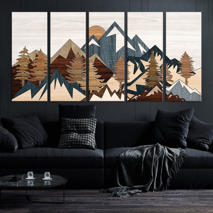 The space is adorned with the Rustic Abstract Wood Panel Effect Canvas Mountain Range Top Wall Art Canvas Print, featuring a triptych design that displays mountains and trees in natural tones on gallery-wrapped, museum-quality canvas.