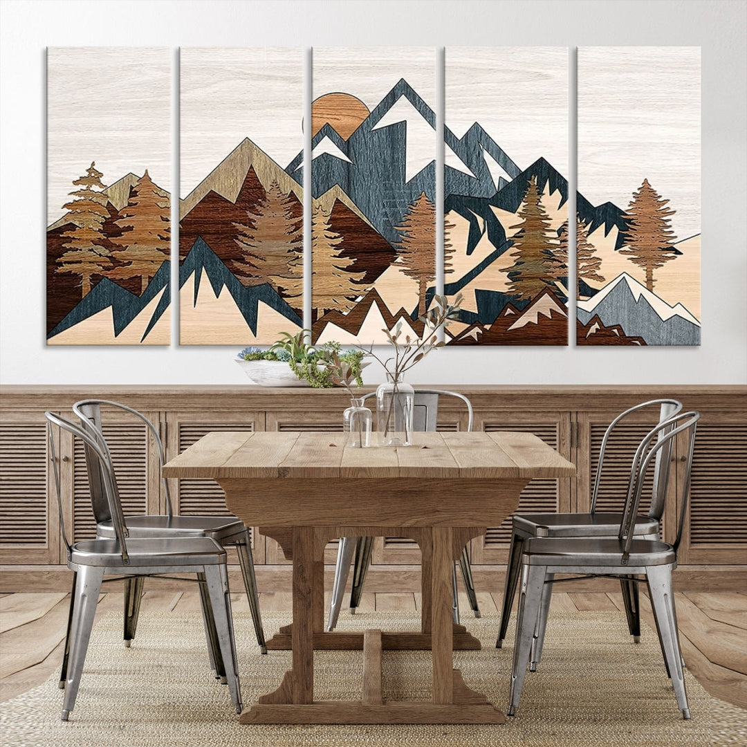 The space is adorned with the Rustic Abstract Wood Panel Effect Canvas Mountain Range Top Wall Art Canvas Print, featuring a triptych design that displays mountains and trees in natural tones on gallery-wrapped, museum-quality canvas.