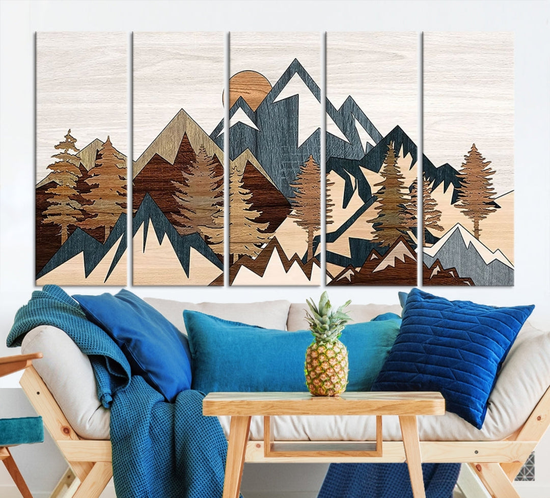 The space is adorned with the Rustic Abstract Wood Panel Effect Canvas Mountain Range Top Wall Art Canvas Print, featuring a triptych design that displays mountains and trees in natural tones on gallery-wrapped, museum-quality canvas.