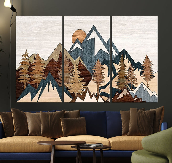 The space is adorned with the Rustic Abstract Wood Panel Effect Canvas Mountain Range Top Wall Art Canvas Print, featuring a triptych design that displays mountains and trees in natural tones on gallery-wrapped, museum-quality canvas.