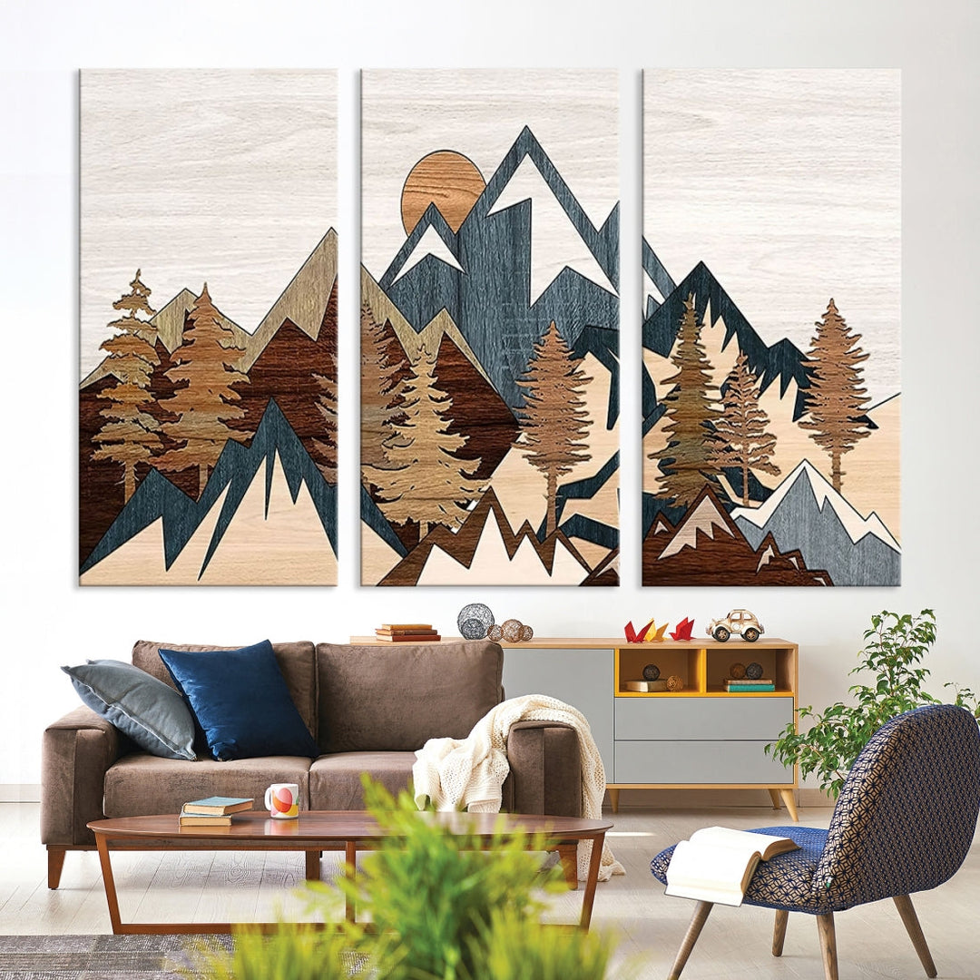 The space is adorned with the Rustic Abstract Wood Panel Effect Canvas Mountain Range Top Wall Art Canvas Print, featuring a triptych design that displays mountains and trees in natural tones on gallery-wrapped, museum-quality canvas.