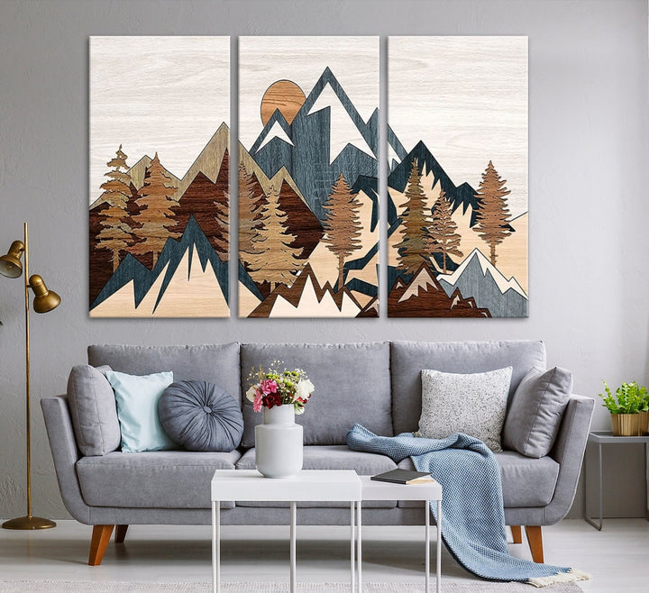 The space is adorned with the Rustic Abstract Wood Panel Effect Canvas Mountain Range Top Wall Art Canvas Print, featuring a triptych design that displays mountains and trees in natural tones on gallery-wrapped, museum-quality canvas.