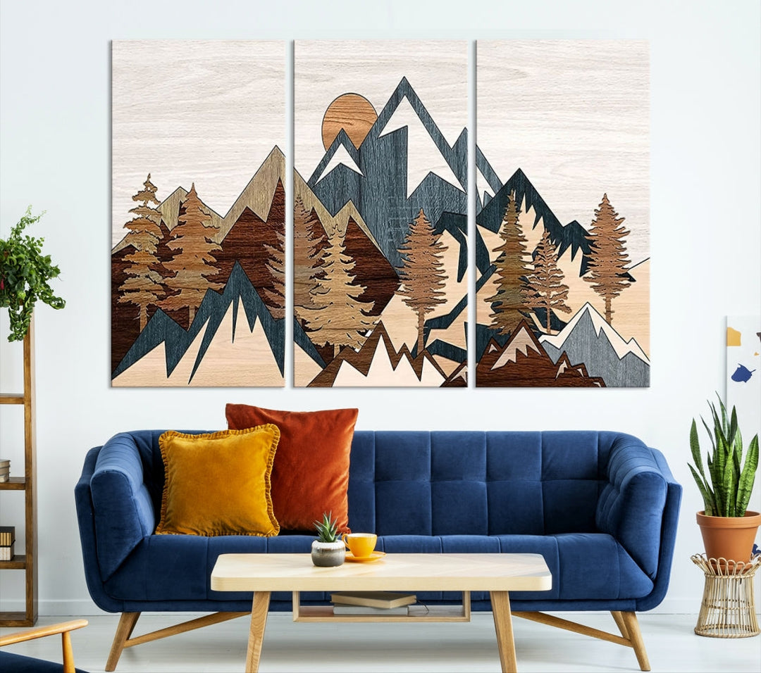 The space is adorned with the Rustic Abstract Wood Panel Effect Canvas Mountain Range Top Wall Art Canvas Print, featuring a triptych design that displays mountains and trees in natural tones on gallery-wrapped, museum-quality canvas.