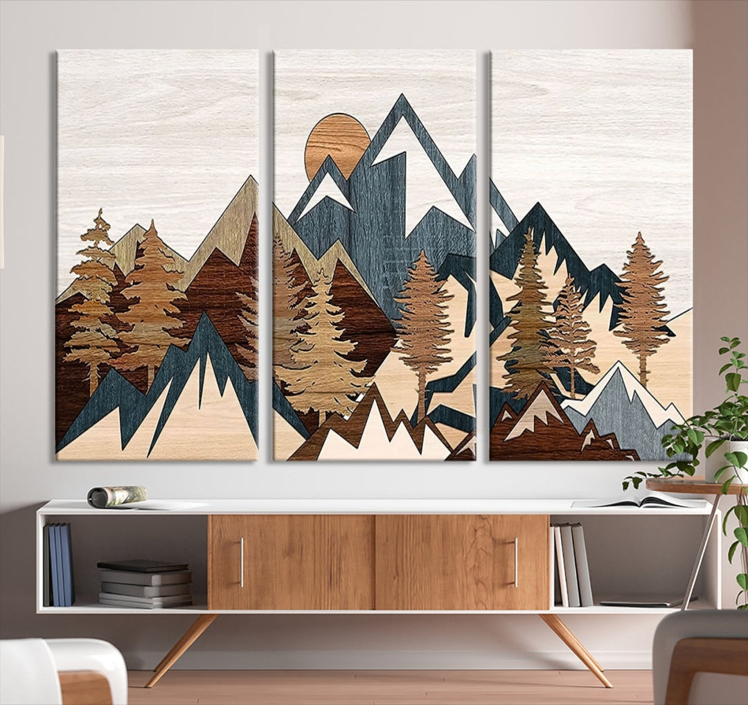 The space is adorned with the Rustic Abstract Wood Panel Effect Canvas Mountain Range Top Wall Art Canvas Print, featuring a triptych design that displays mountains and trees in natural tones on gallery-wrapped, museum-quality canvas.