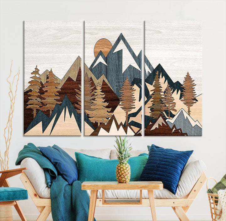 The space is adorned with the Rustic Abstract Wood Panel Effect Canvas Mountain Range Top Wall Art Canvas Print, featuring a triptych design that displays mountains and trees in natural tones on gallery-wrapped, museum-quality canvas.