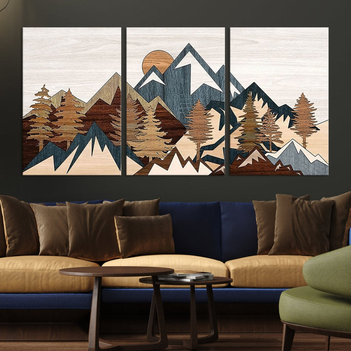 The space is adorned with the Rustic Abstract Wood Panel Effect Canvas Mountain Range Top Wall Art Canvas Print, featuring a triptych design that displays mountains and trees in natural tones on gallery-wrapped, museum-quality canvas.