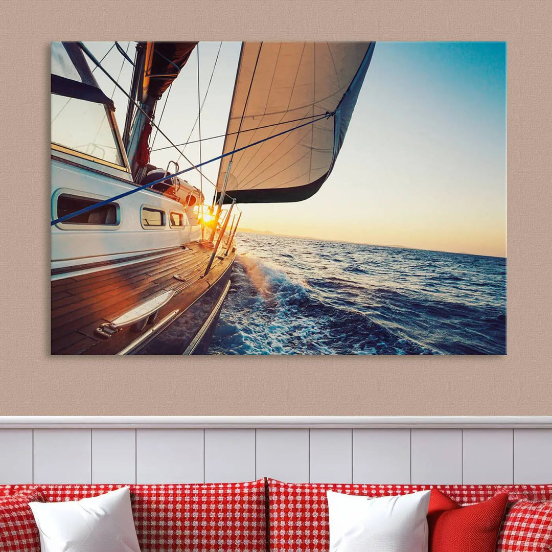 The nautical wall art Sailboat at Sunset on Open Sea adorns the wall, adding a touch of maritime charm to the room.