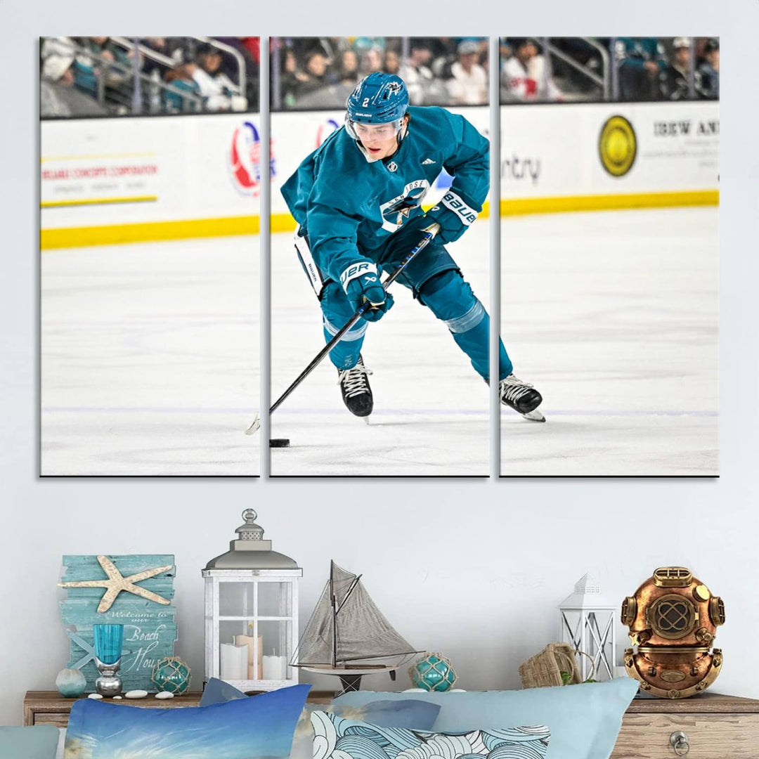 The San Jose Sharks Ice Hockey Player Wall Art Canvas Print beautifully depicts a hockey player in a teal uniform skating with the puck on ice during a game. Captured in vibrant colors and high-resolution, the spectators blur into the background, creating an artwork worthy of museum-quality presentation.