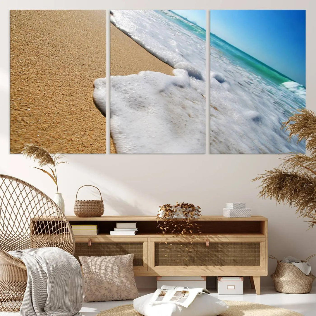 Sandy shoreline close-up ocean wave canvas print. Beach wall art with giclee canvas and gallery wrap, perfect for coastal living decor.