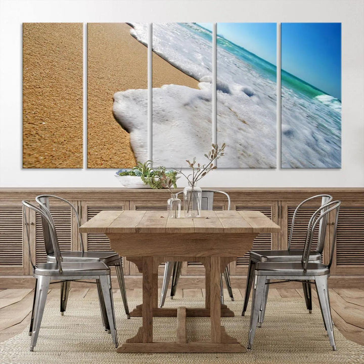 Sandy shoreline close-up ocean wave canvas print. Beach wall art with giclee canvas and gallery wrap, perfect for coastal living decor.