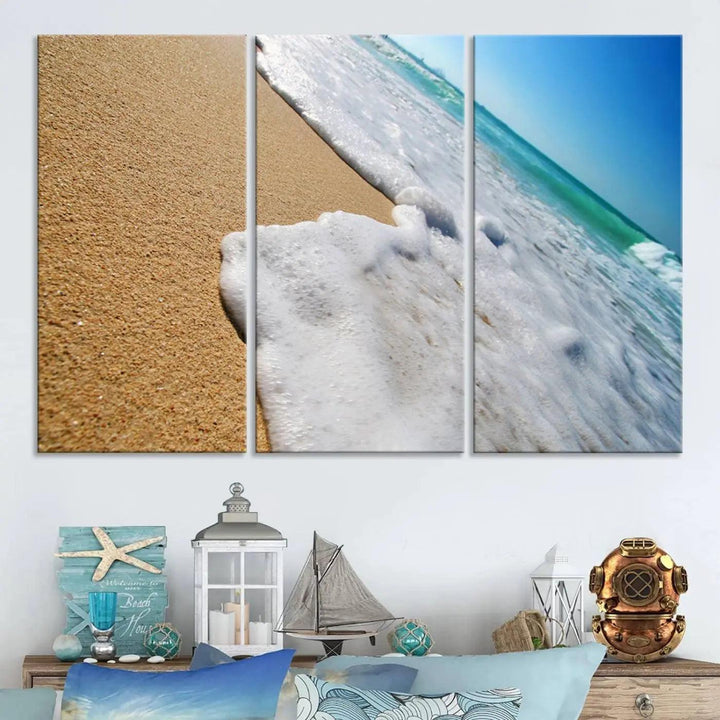 Sandy shoreline close-up ocean wave canvas print. Beach wall art with giclee canvas and gallery wrap, perfect for coastal living decor.