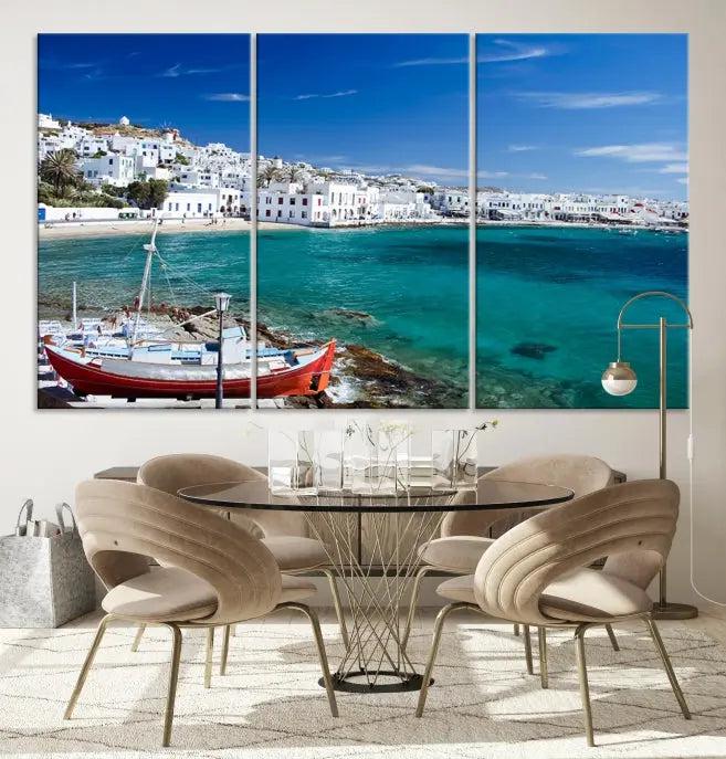 The Santorini Wall Art Canvas Print, showcasing a triptych of a coastal Greek village with white buildings and a turquoise sea, enhances the modern living room.