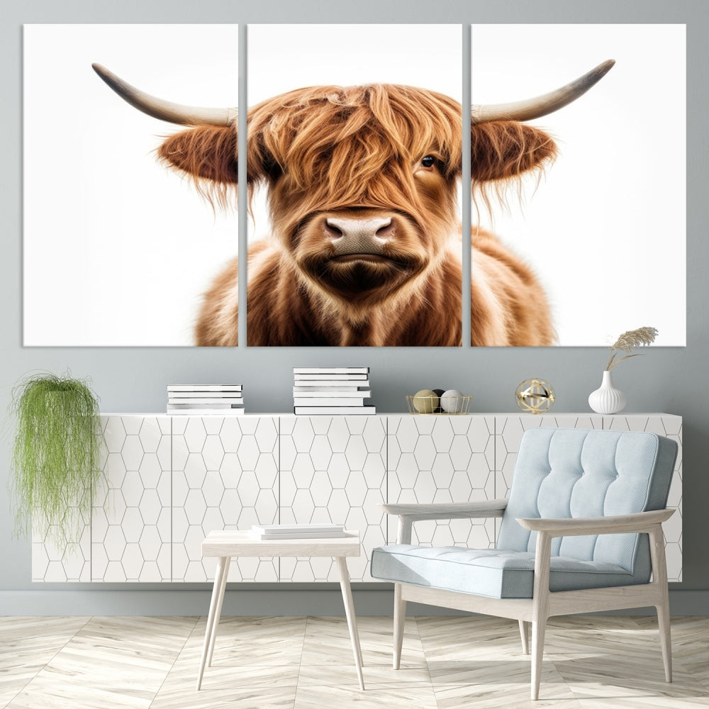 A Scottish Highland Cow Canvas Print, featuring a trio of panels depicting a long-haired, large-horned Highland cow on museum-quality canvas with UV protection, was displayed.