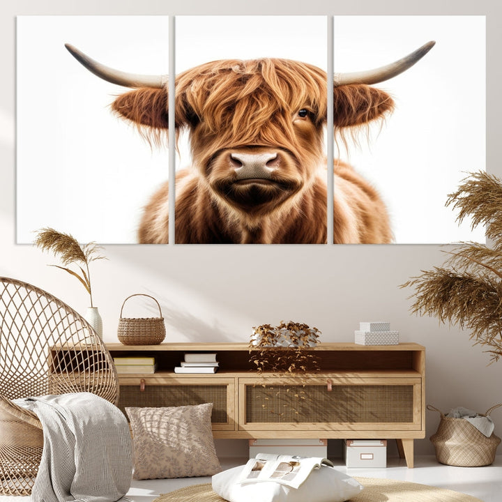 A Scottish Highland Cow Canvas Print, featuring a trio of panels depicting a long-haired, large-horned Highland cow on museum-quality canvas with UV protection, was displayed.