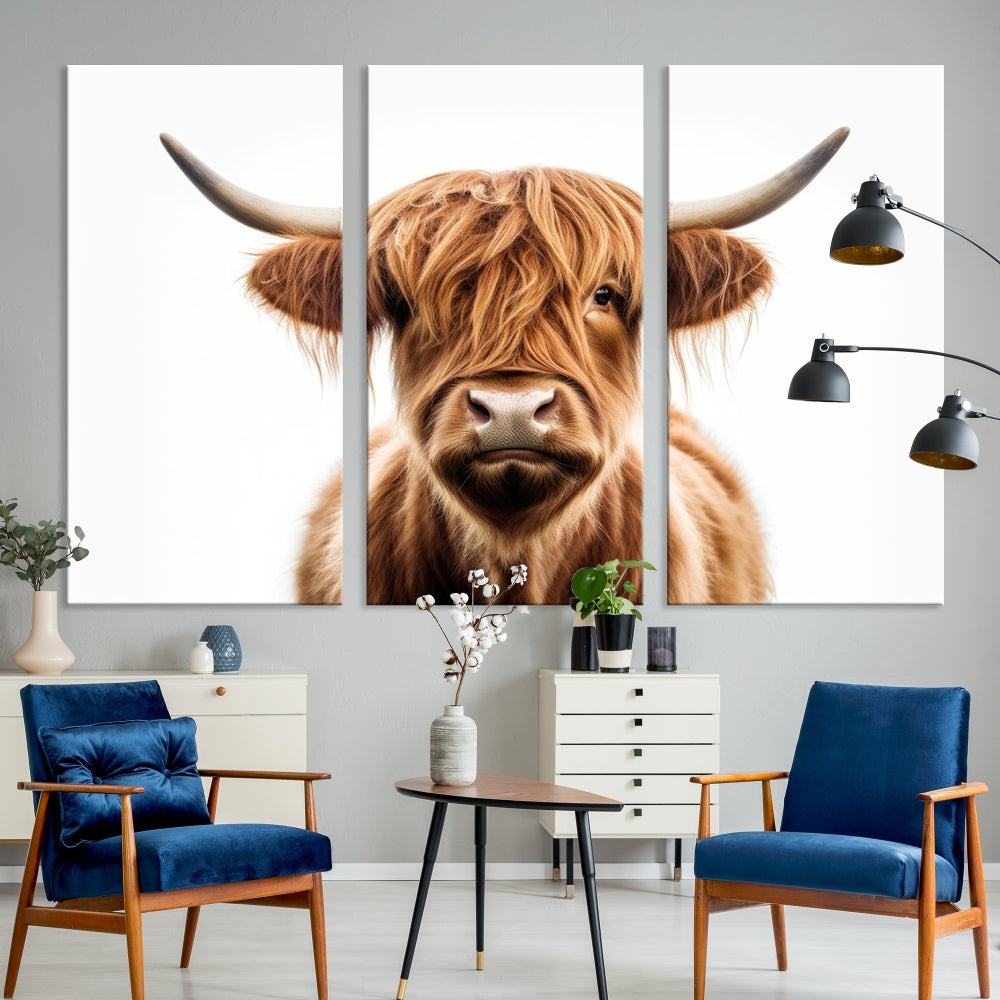 A Scottish Highland Cow Canvas Print, featuring a trio of panels depicting a long-haired, large-horned Highland cow on museum-quality canvas with UV protection, was displayed.