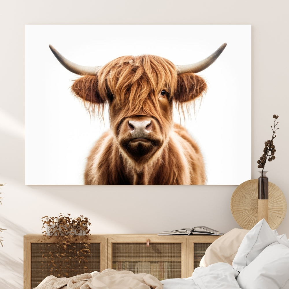 A Scottish Highland Cow Canvas Print, featuring a trio of panels depicting a long-haired, large-horned Highland cow on museum-quality canvas with UV protection, was displayed.