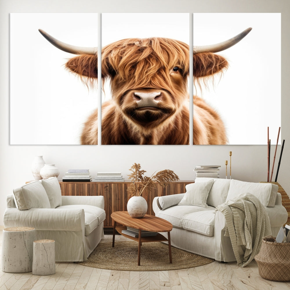 A Scottish Highland Cow Canvas Print, featuring a trio of panels depicting a long-haired, large-horned Highland cow on museum-quality canvas with UV protection, was displayed.