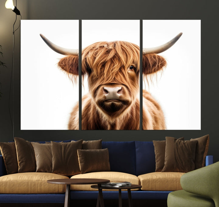 A Scottish Highland Cow Canvas Print, featuring a trio of panels depicting a long-haired, large-horned Highland cow on museum-quality canvas with UV protection, was displayed.