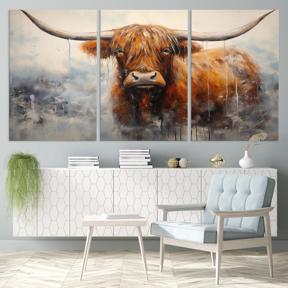 The stunning Scottish Highland Cow Canvas Wall Art enhances the room with its rustic decor. Its three-panel design features a longhorn animal theme, creating a striking presence on the dark wall.