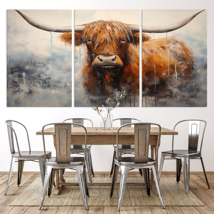 The stunning Scottish Highland Cow Canvas Wall Art enhances the room with its rustic decor. Its three-panel design features a longhorn animal theme, creating a striking presence on the dark wall.