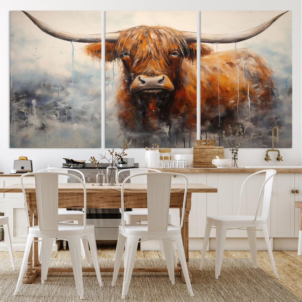 The stunning Scottish Highland Cow Canvas Wall Art enhances the room with its rustic decor. Its three-panel design features a longhorn animal theme, creating a striking presence on the dark wall.