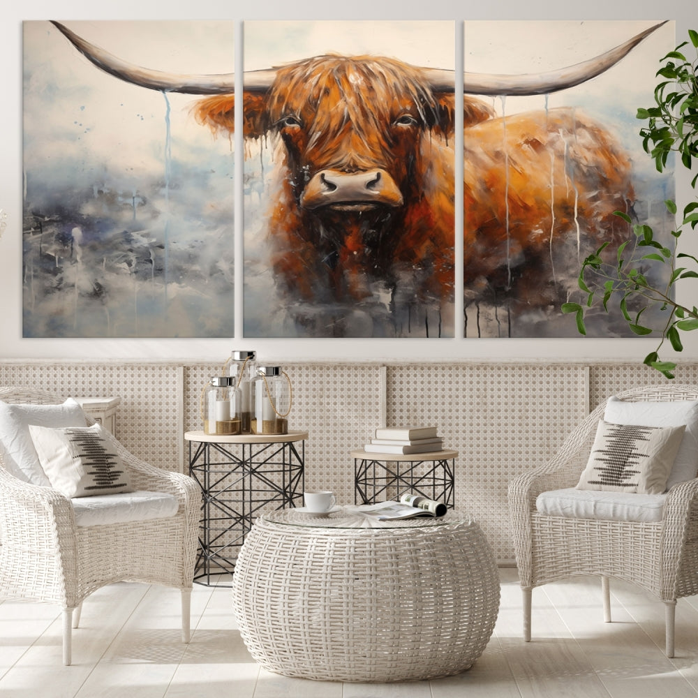 The stunning Scottish Highland Cow Canvas Wall Art enhances the room with its rustic decor. Its three-panel design features a longhorn animal theme, creating a striking presence on the dark wall.